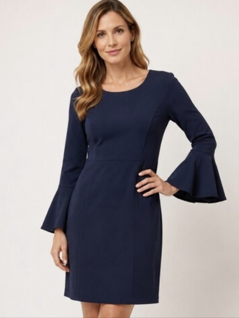 TRINA TURK 3/4 bell sleeve Panache dress 12 navy 3/4 Sleeve Sheath blue mini L